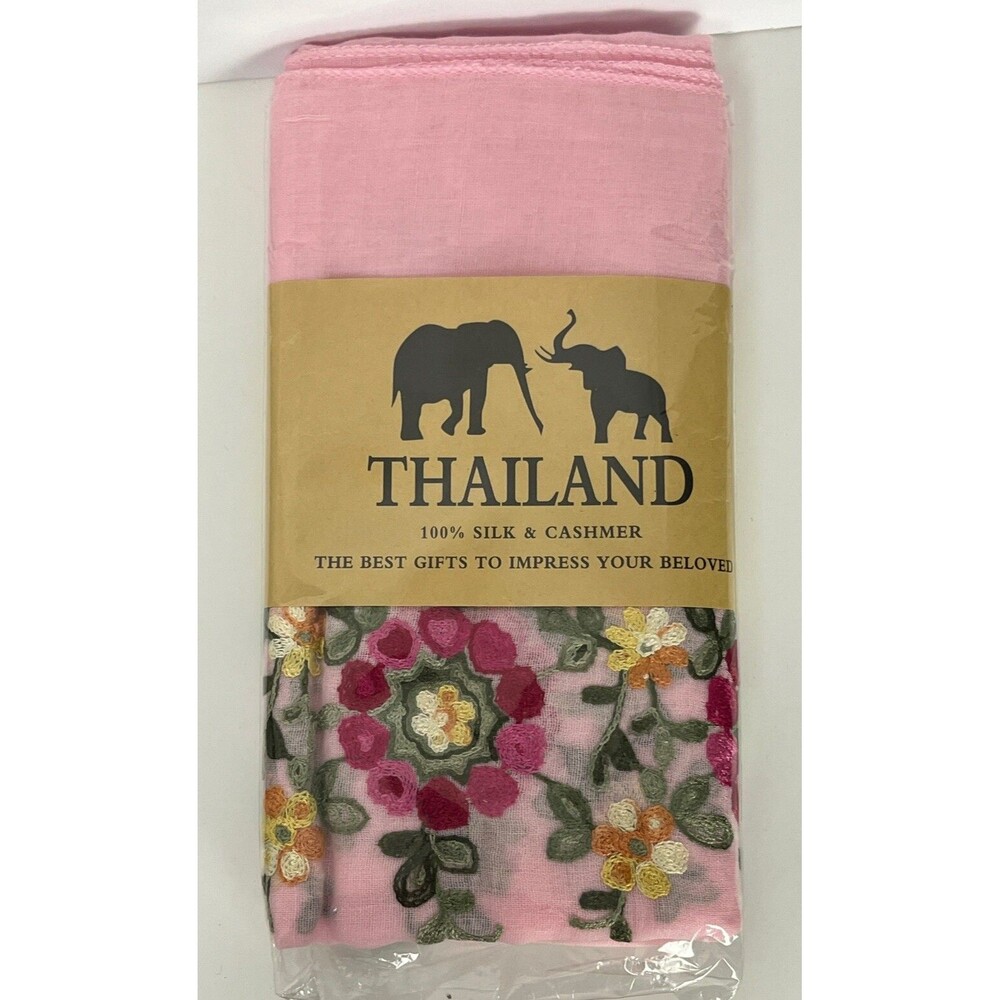 Thai‎ Scarf Pink Embroidery Floral Edge Wrap Lightweight Sheer Shawl Feminine